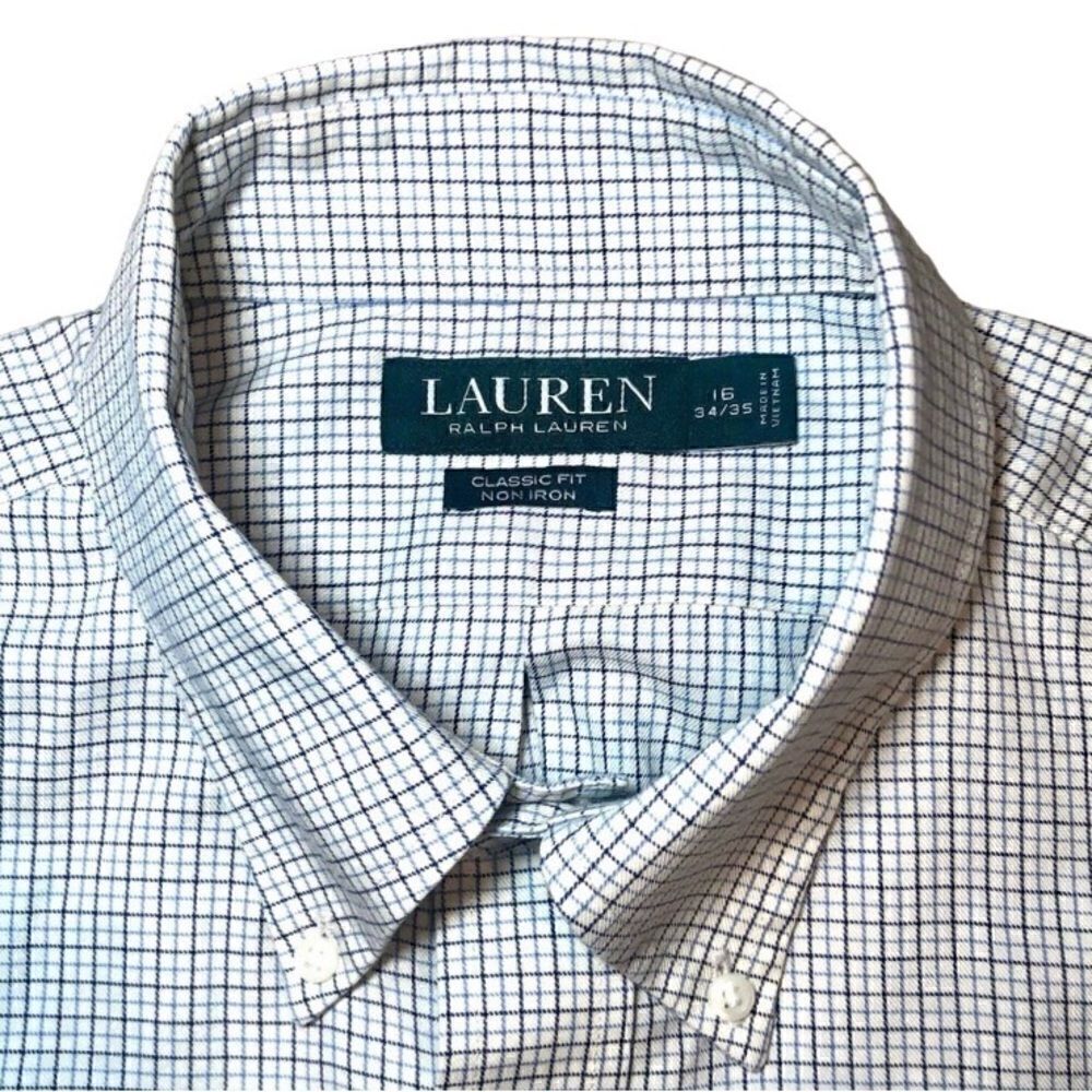 Lauren Ralph Lauren Classic Fit Non Iron Shirt in White/Blue Check Mens 16/34-35